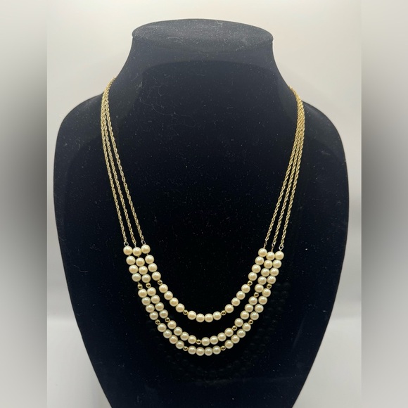 Jewelry - Vintage 3 Strand Faux Pearl w/ Goldtone Beads and Goldtone Chain Necklace